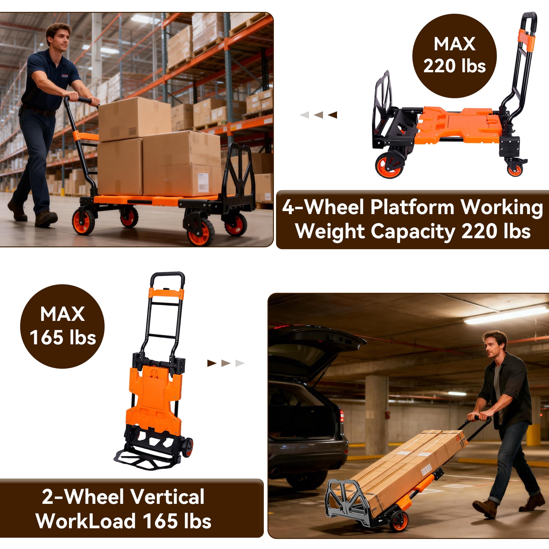 220LB Folding Hand Truck Moving Dolly, Hand Trucks Heavy Duty Combination of 4 Wheels and 2 Wheels Convertible Dolly Cart with Retractable Handle Dolly for Moving Office Carts(Orange)