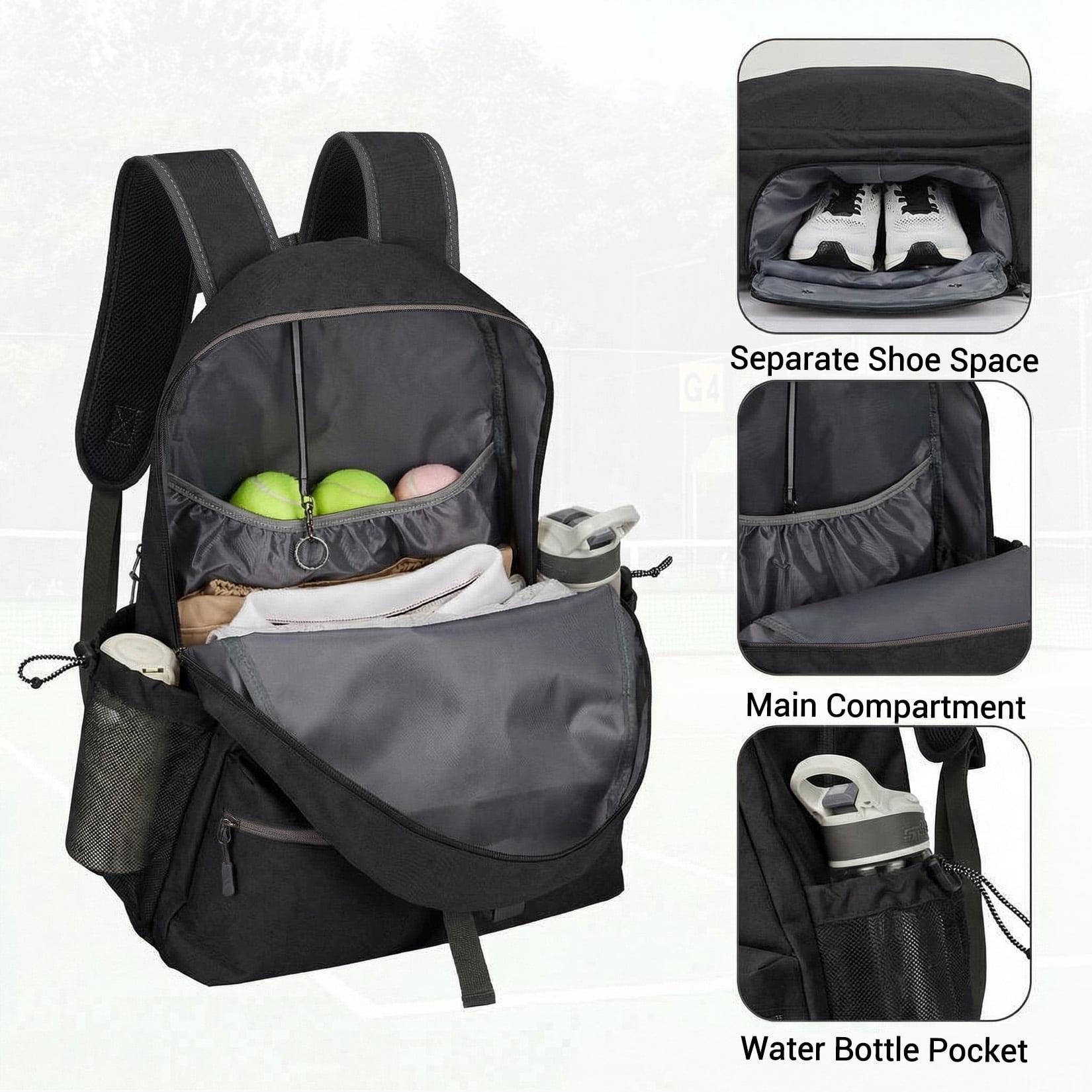 Ataucjin Tennis Backpack for Men Women, 2 Racket Pickleball Bag with Separate Shoe Compartment, Large Tennis Racket Bag for Racquet Sport Equipment
