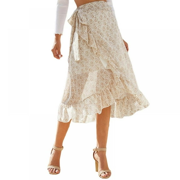 Women's Chiffon Floral High Waist Ruffle Tie Wrap Midi Skirt Summer Beach Maxi Dress