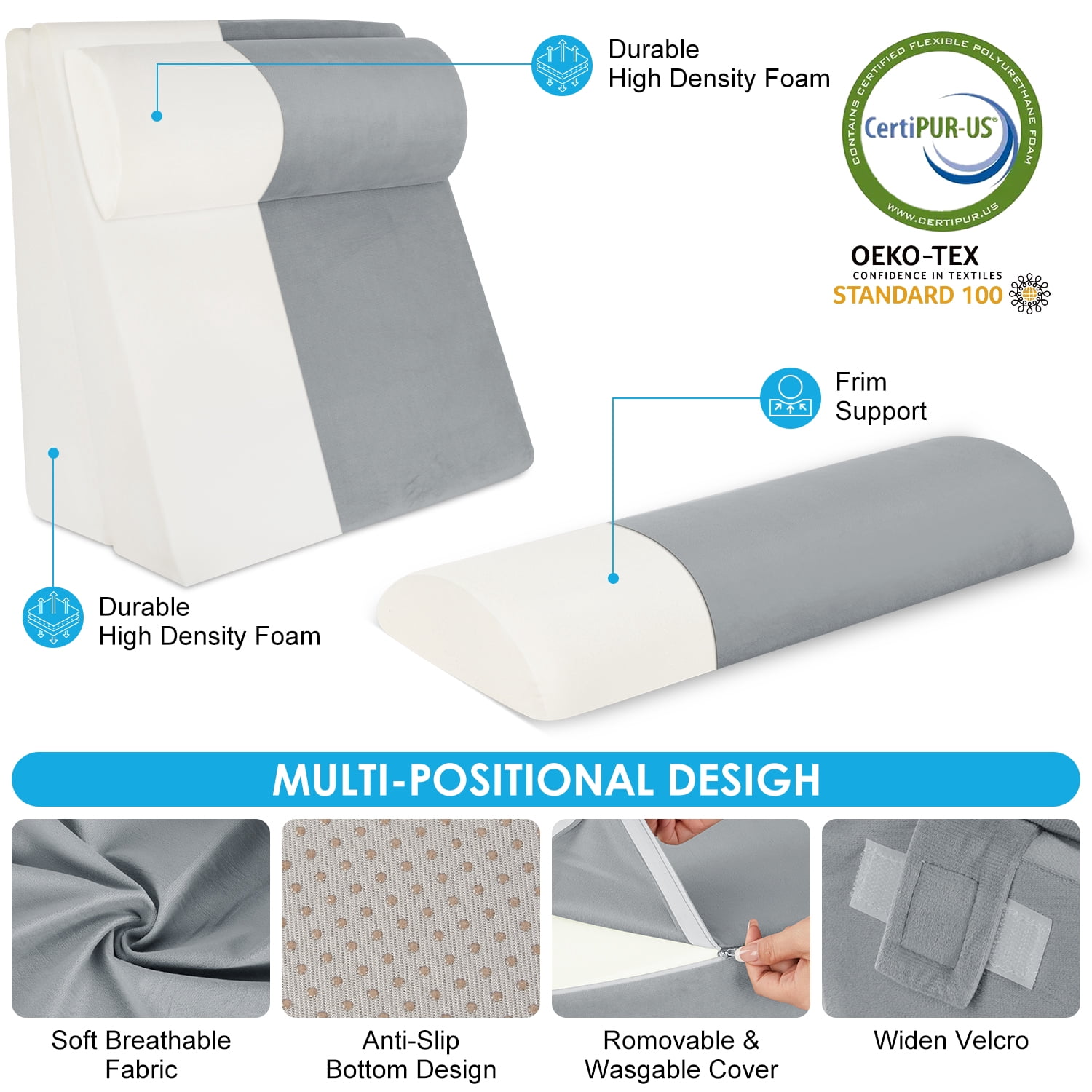 WANALIT Wedge Pillow for Sleep Apnea, Adjustable Wedge Pillow Headboard, Bed Wedge Pillow for Back, Neck, Leg Pain Relief, Pillow Wedge for Sleeping, Acid Reflux with Neck Support Pillow, Grey