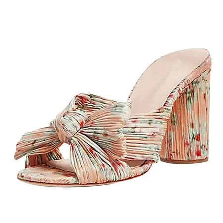 

Women s Fashion Sandals Thick Heel Bow Silk Sandals Retro Buckle Shoes