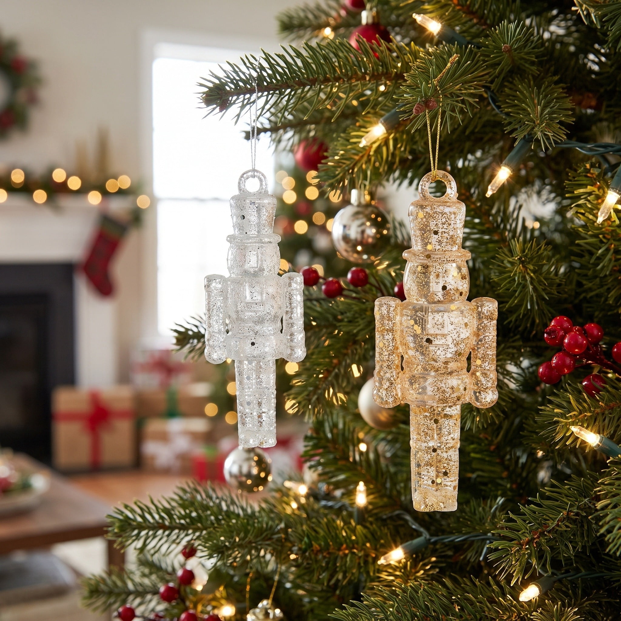 4-Count Gold and Silver Glitter Transparent Nutcracker Mini Christmas Ornaments, 2.8", by Holiday Time