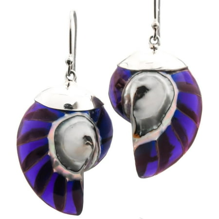 Silver Plated Resin - Natural Nautilus Ocean Shell Purple Resin Fill 925 Sterling Silver Earrings, 1 1/8