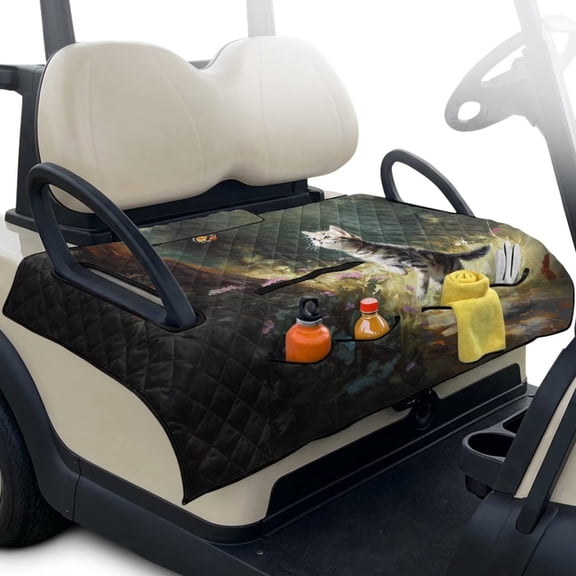 LedBack Tabby Cat Print Golf Cart Seat Towel Blanket with 4 Front Pockets 30” x 51” Foldable Golf Cart Towel Seat Covers Club Car Suitable for All Seasons
