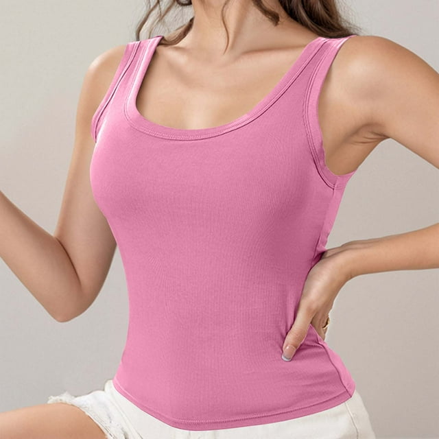RXIRUCGD Hauts Sans Manches pour Femmes Couleur Unie Col en U avec Coussin de Poitrine (Rose, Taille : L)
