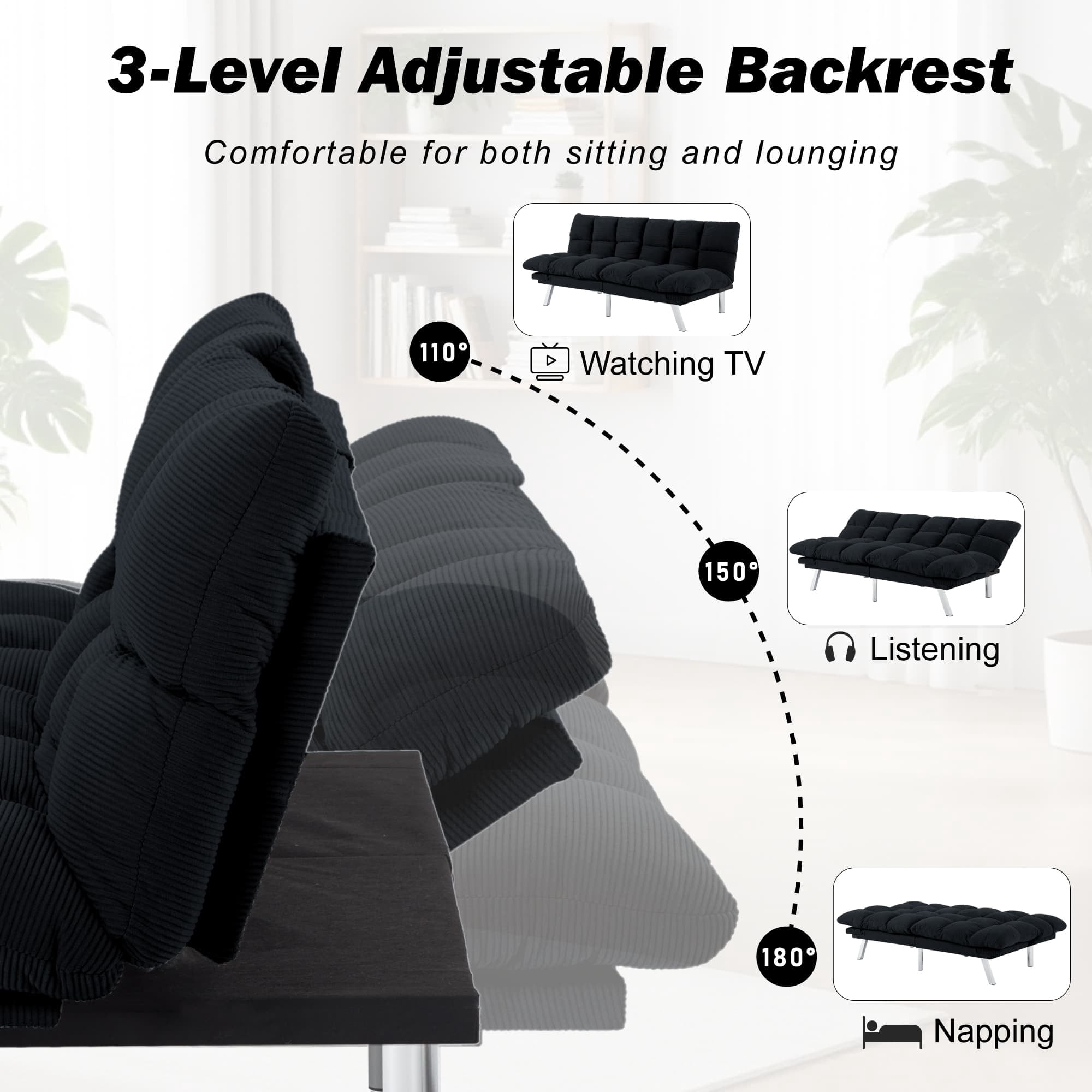 BSHTI Corduroy Futon Sofa Bed, 67.3" 3 in 1 Convertible Sofa Bed with Adjustable Armrests, Split-Back Design, Loveseat Sofabed for Apartment, Living Room, Office(Black)