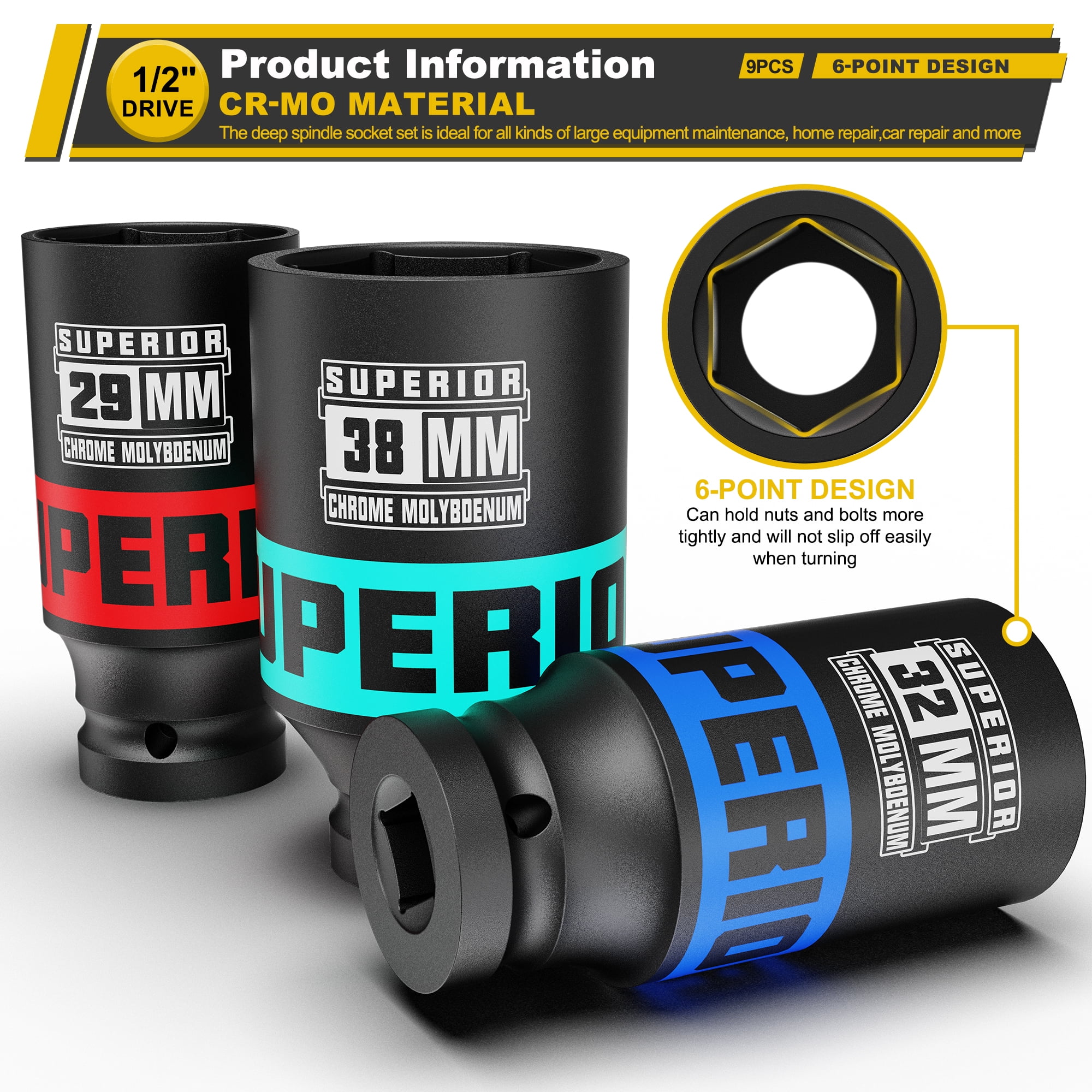 9 Piece 1/2” Drive Deep Axle Nut Impact Socket Set, Metric, 29mm-38mm