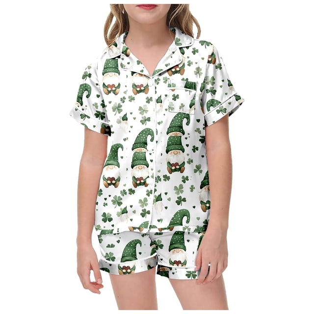 MIASHUI Pyjama de la Saint-Patrick pour Filles, Haut à Manches Courtes et Shorts, Ensemble 2 Pcs, Vert, 3-4 Ans