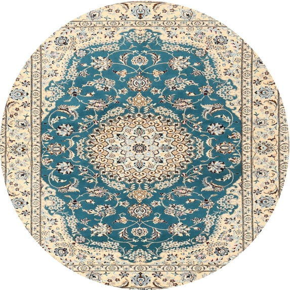 Ahgly Company Machine Washable Indoor Round Traditional Grayish Turquoise Green Area Rugs, 4' Round