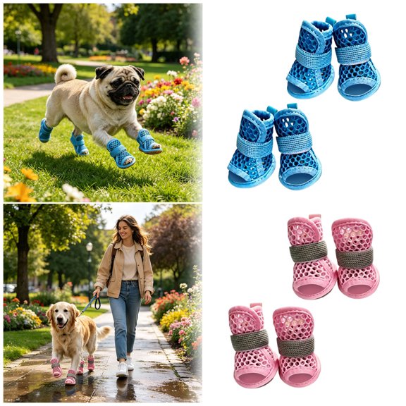 Breathable Mesh Dog Boots Anti- Rubber Paw Protector Shoes Adjustable Elastic Strap Puppy Walking Booties Pink - 1#