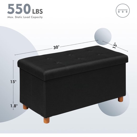 Linen Coffee Table Ottoman with Tray, Large Storage Bench with Wooden Legs, Foot Stools, Ottomans for Living Room Bedroom, Black, 30" x 15" x 15"