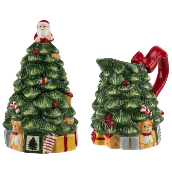 Spode Juego de crema y azúcar para árbol de Navidad | Juego de jarra para crema y azucarero con forma de árbol | Hecho de fina dolomita | Crema de 7.4 onzas Tarro de azúcar con tapa de 5.3 onzas