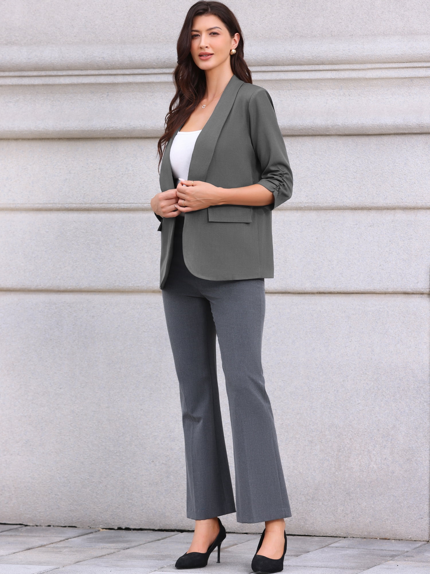 DARING DIVA Women's Ruched 3/4 Sleeve Shawl Collar Dressy Suit Jacket L Dark Gray