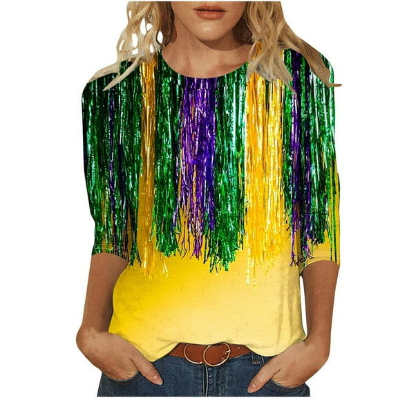 SELONE Women's Mardi Gras Shirt Fringe Tuesday Tee Pullover 3/4 Sleeve Carnival Wear Summer Crewneck Festive Outfit