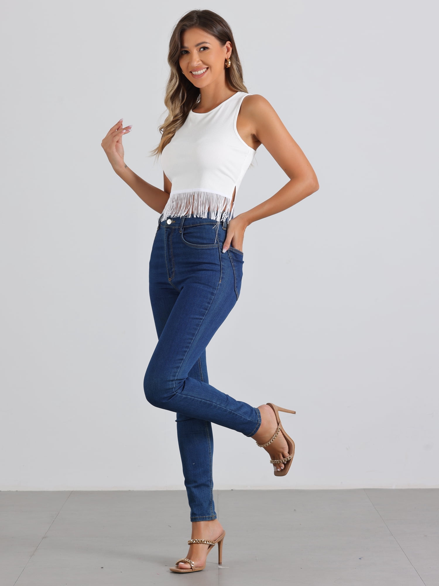 DARING DIVA Women's Ribbed Knit Tank Crew Neck Crop Tassel Trim Vest XL White