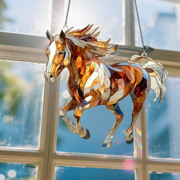 Stained Glass Horse Suncatcher, Handmade Running Horse Window Hanging Ornament, Unique Animal Art Decoration for Home, Office, or Garden, Vibrant Colorful Gift for Horse Lovers