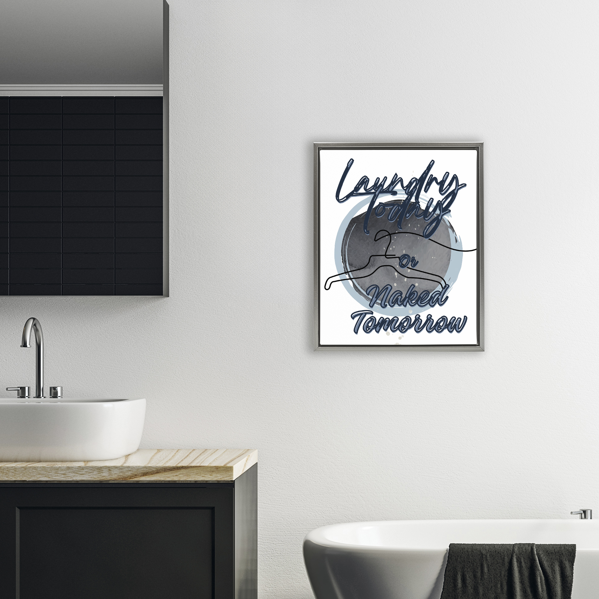 Laundry Phrase with Hanger Contour Gray Framed Floater Canvas Wall Art, design by Jesse Keith