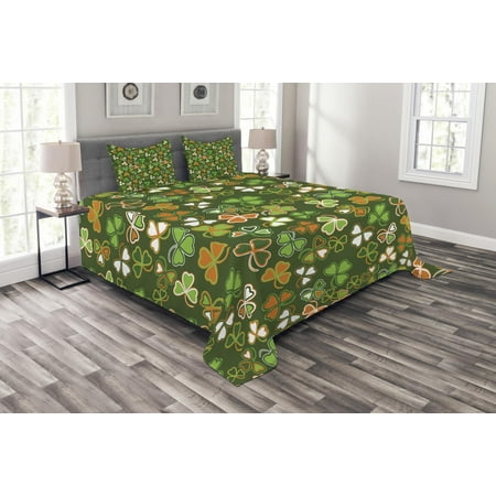 - St. Patrick's Day Bedspread Set, Lucky Shamrocks Pattern Irish Clover Celebration Day Party Prints, Decorative Quilted Coverlet Set with Pillow Shams Included, Green and Orange, by Ambesonne