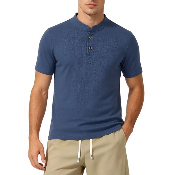 LMOIPLI Mens Short Sleeve Mandarin Collar Henley Shirt Soft Breathable Casual Top for Daily and Business Casual Wear Navy L