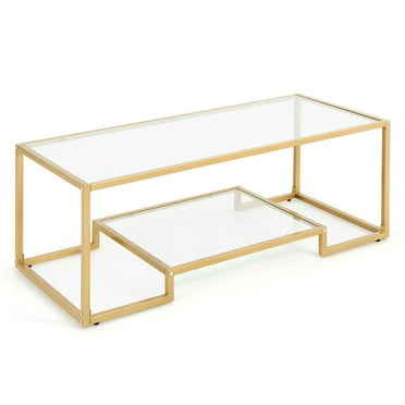 Canddidliike Modern 2-Tier Rectangular Coffee Table with Glass Table Top-Golden, Dining Coffee Table for Living Room and Office