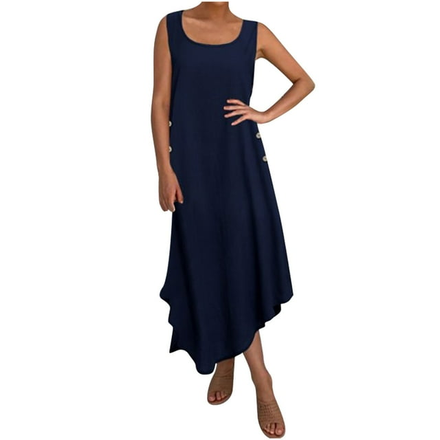 QIPOPIQ Robe d'Été 2024 pour Femme Nouvelle Robe Soleil Coton Lin Couleur Unie Bouton Robe Évasée Irrégulière Jupe Longue Liquidation