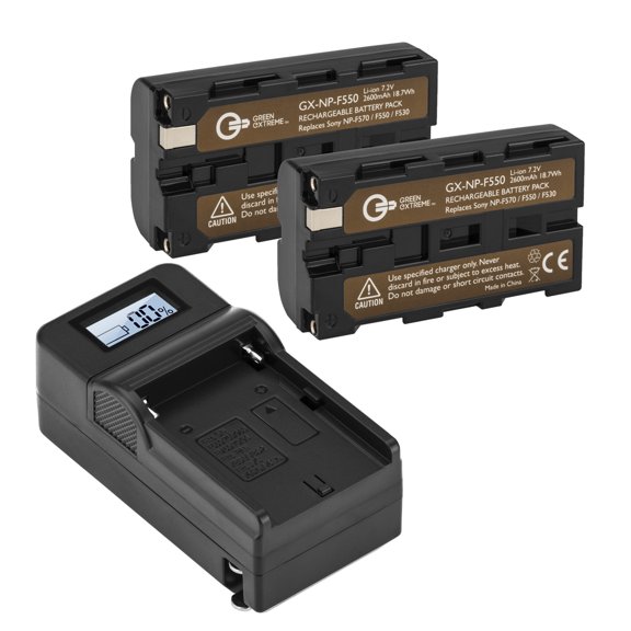 Green Extreme 2x NP-F550 7.2V 18.72Wh Batteries, Bundle with Green Extreme Smart Charger Base, Green Extreme Charger Plate