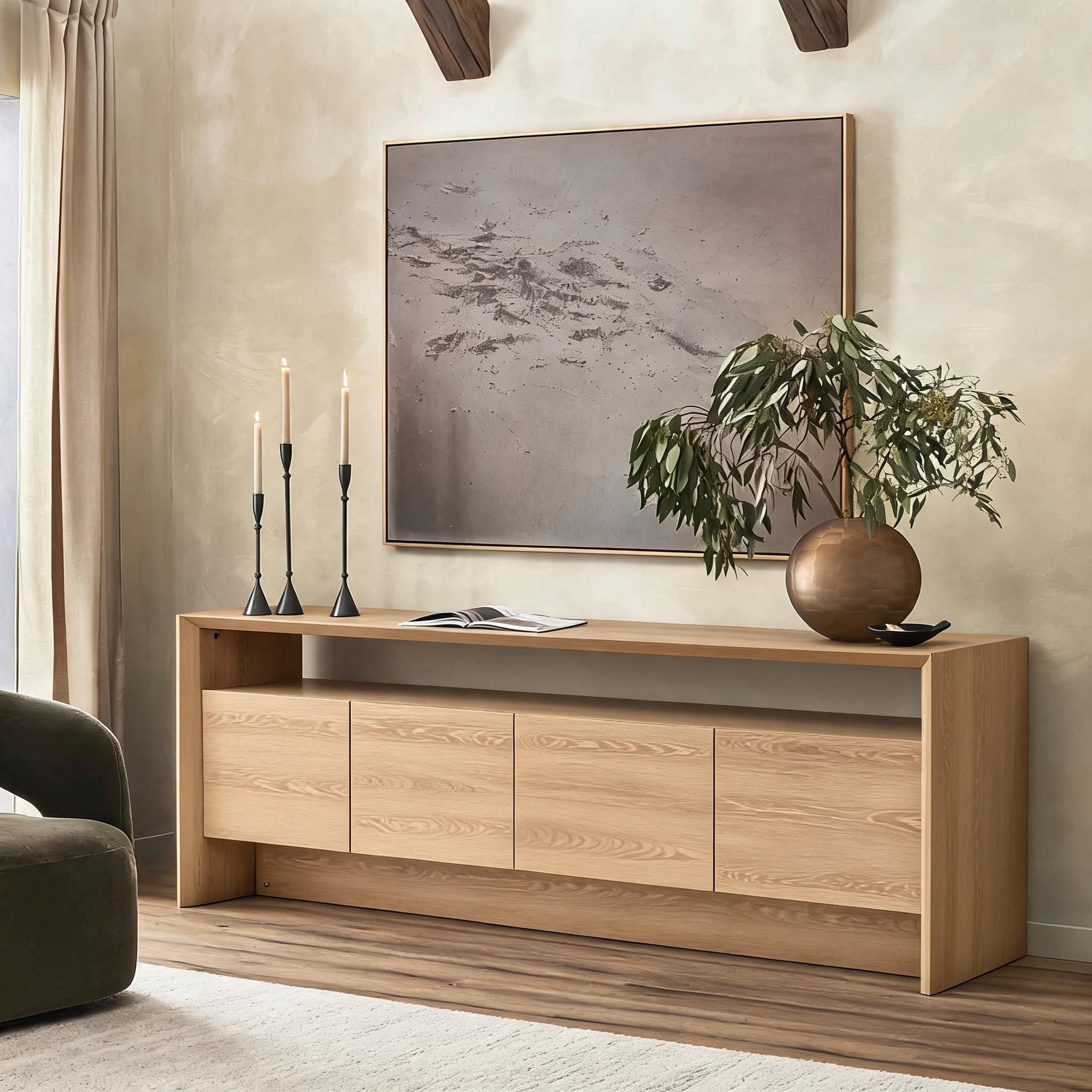 Euroco 68.7" Large Sideboard Buffet Cabinet with Storage, Mid Century Modern Coffee Bar Cabinet with Open Shelf for Kitchen Living Room,Entryway,Light Oak