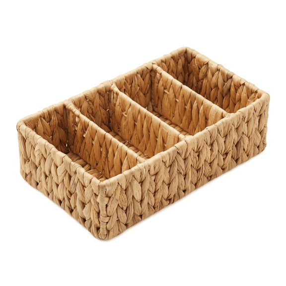 Water Hyacinth Storage Baskets with 4 Sections, Natural - Woven Bin Organizers for Bathroom, Laundry, Pantry, Office, Shelves