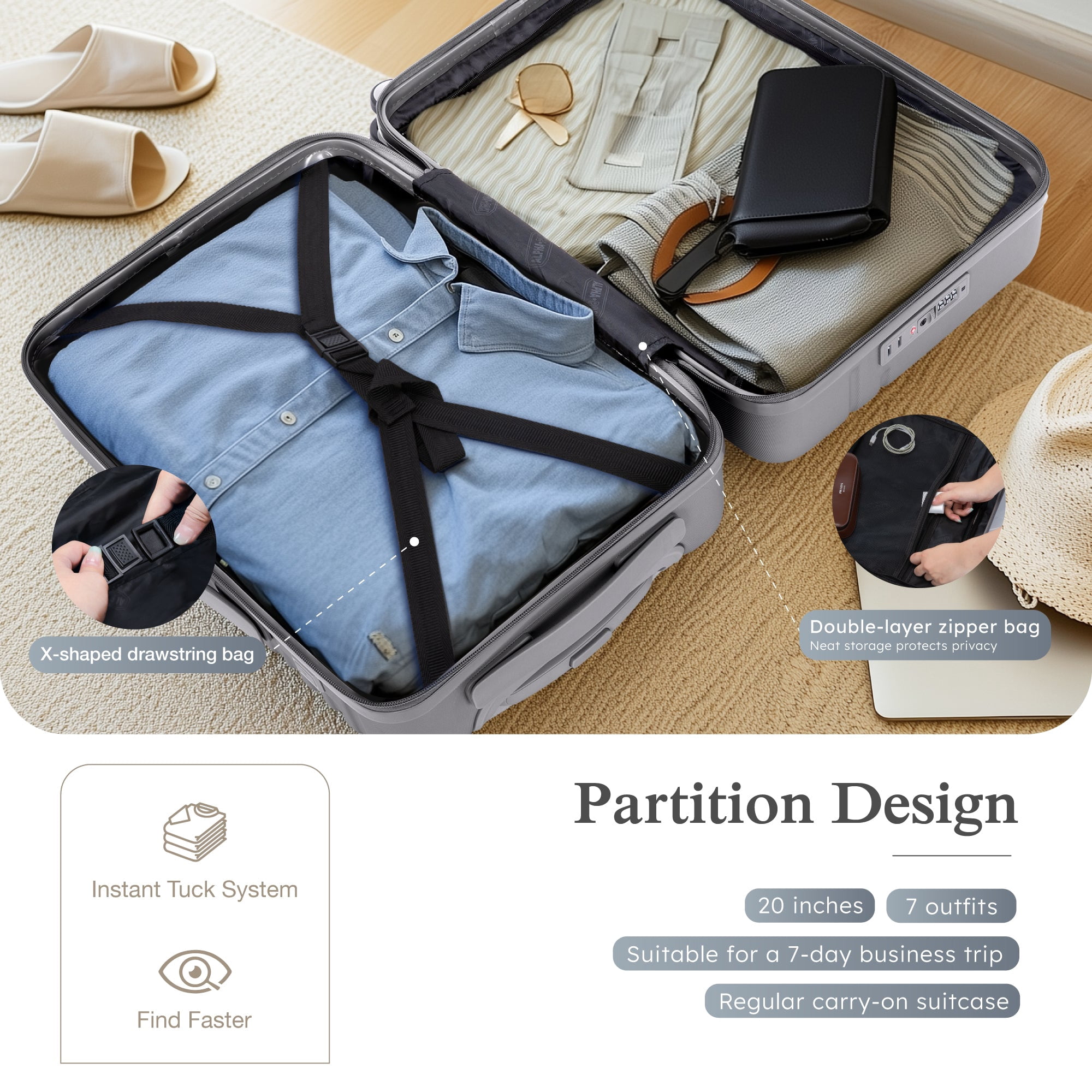 Alpha Joy Hard-shell ABS+PC Rolling Luggage 20" Carry-on Luggage with USB Port, Silver