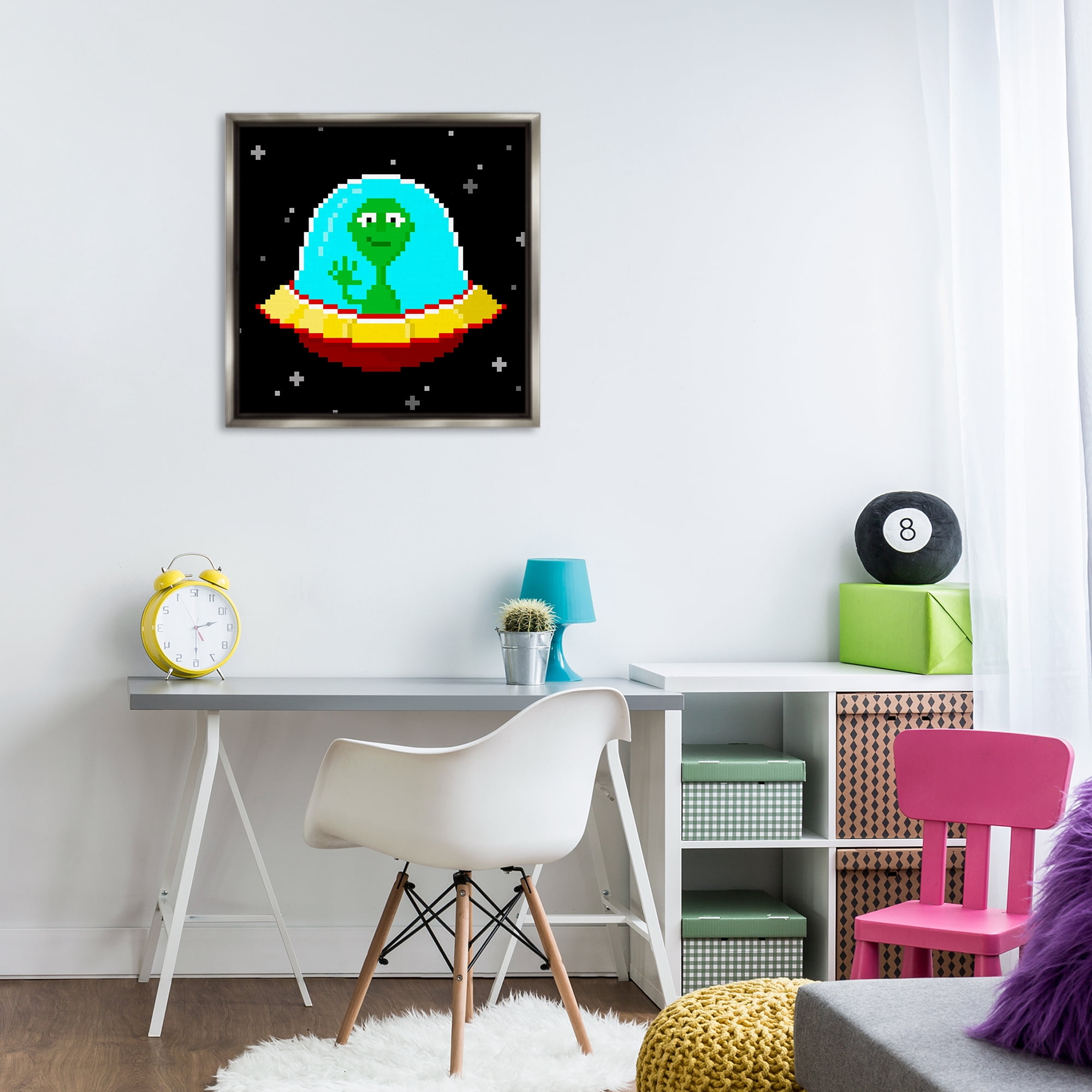 Stupell Industries Pixel Alien Spaceship Novelty & Humor Painting Gray Floater Framed Canvas Art Print Wall Art, 25 x 25