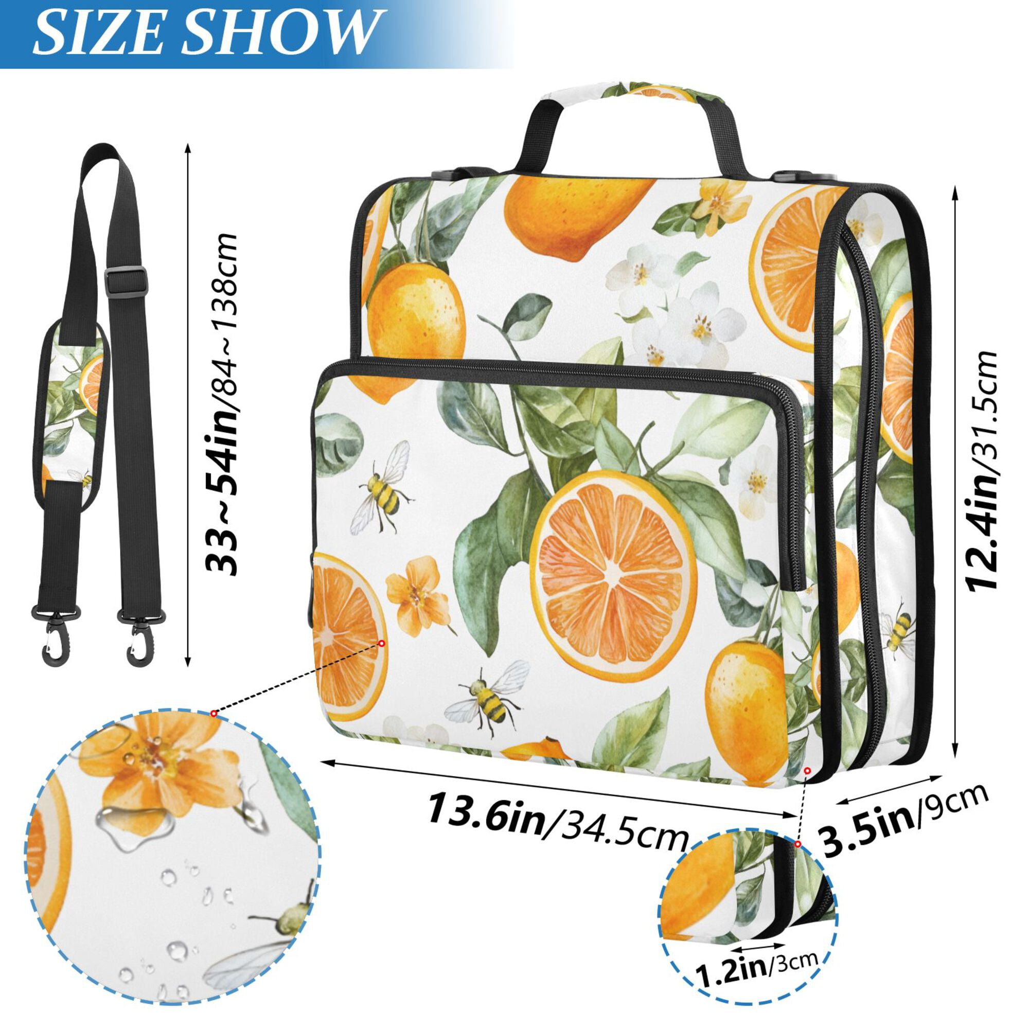 FORMRS Zipper Binder with Shoulder Strap 2-inch Ring 500 Sheet Capacity File Bag, Orange Watercolor Bees