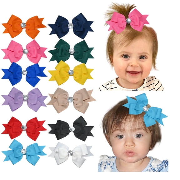JoyBowie 12 Pack 4.5 Inch Rhinestone Center Hair Bows, Solid Color Grosgrain Ribbon Baby Bows With Clips For Girls Toddlers