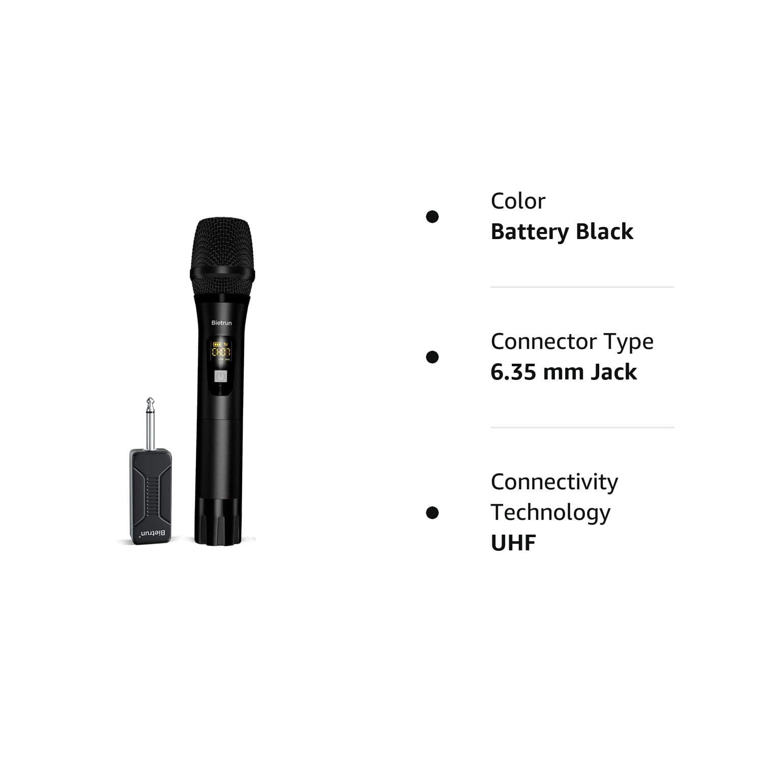 Bietrun Wireless Microphone Only for Mic Input, UHF Metal Dynamic Handheld Multipurpose Mic with Rechargeable Receiver (Work 4hs), 160ft Range, for Karaoke Machine, Amplifier Speaker, Mixer, Church