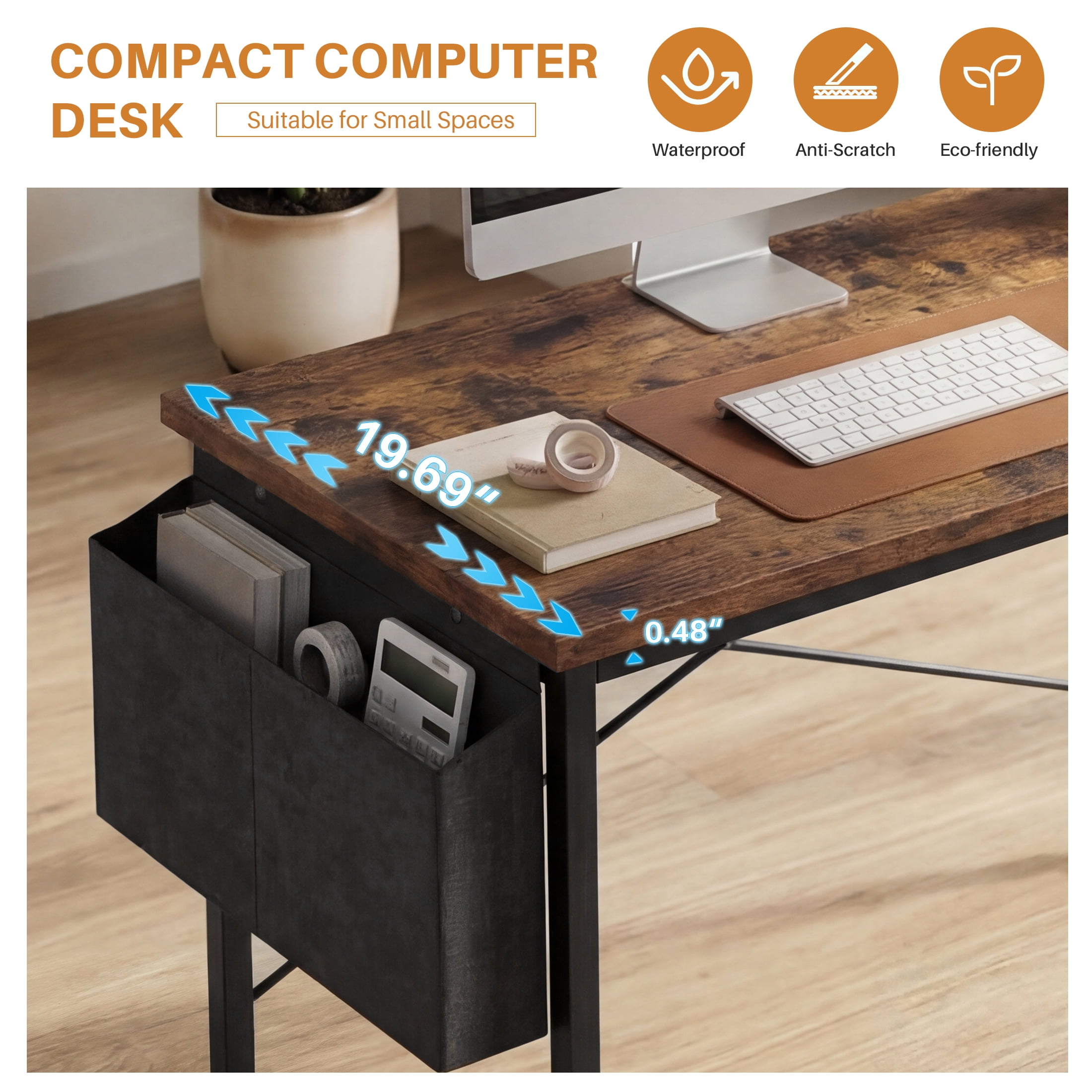 edx 44" Home Office Desk for Small Spaces, Computer Desk with Storage Bag & Hook, Modern Simple Style Study Writing Table for Bedroom, Rustic Brown