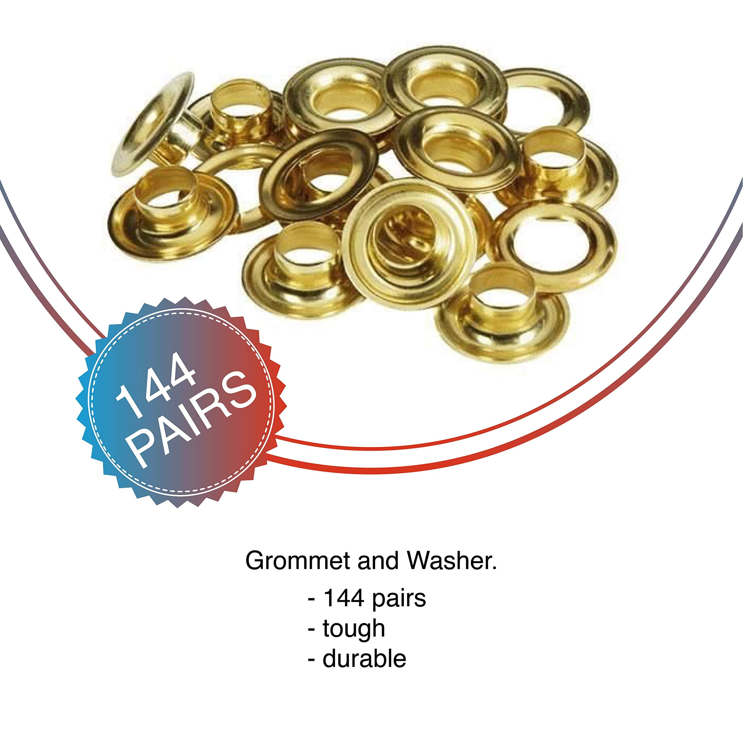 Tarps Now Heavy-Duty Brass Grommets Kit with Plain Washers - Rust Proof Eyelet for Tarp Repair or Addition and Replacement - #2 (3/8" Hole), (144 Pairs)