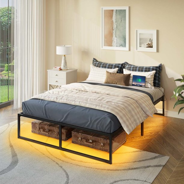 Rolanstar Bed Frame with Power Outlets&Led Lights,Metal Platform Bed