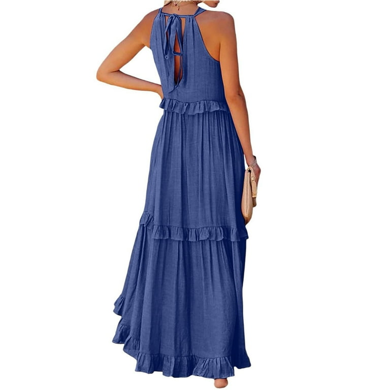 Plus Size Maxi Dresses for Women 2025 Summer Built in Bra Sleeveless Halter  Long Dress Loose Tiered Flowy Swing Smocked Ruffle Beach Dress with Pockets  Navy XL - Walmart.com