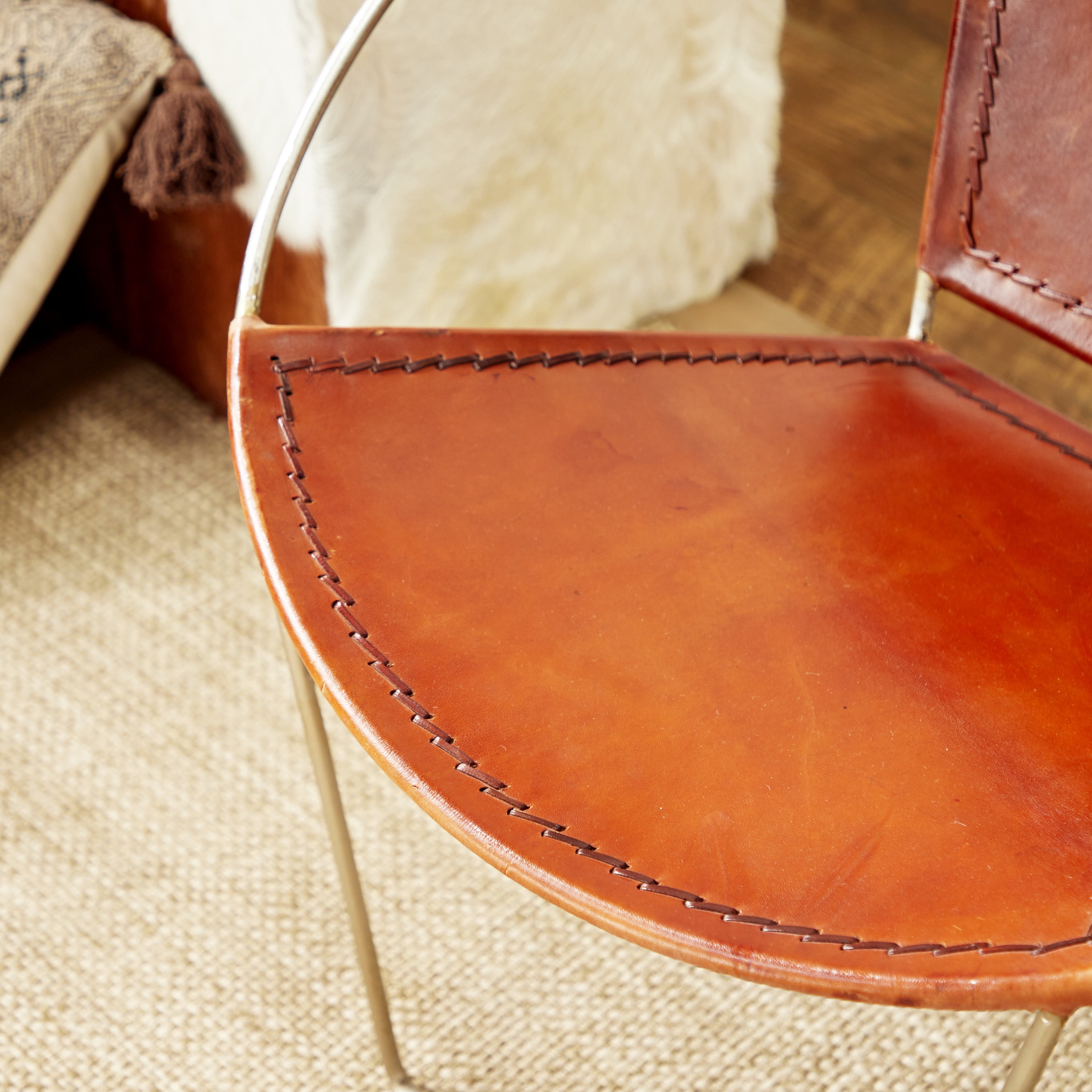 DecMode Leather Lounge Chair with Silver Frame, Brown, Set of 2