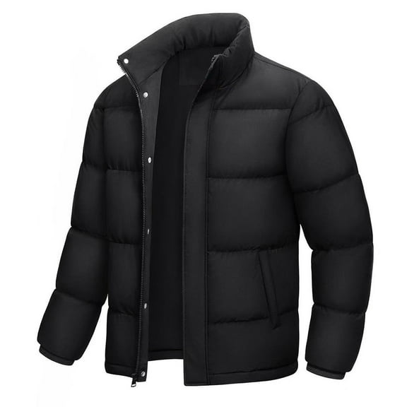 Men's Down Jacket Zip Up Winter Warm Thicken Puffer Coats Casual Long Sleeve Water Resistant Windproof Insulated Tops (L, Black)