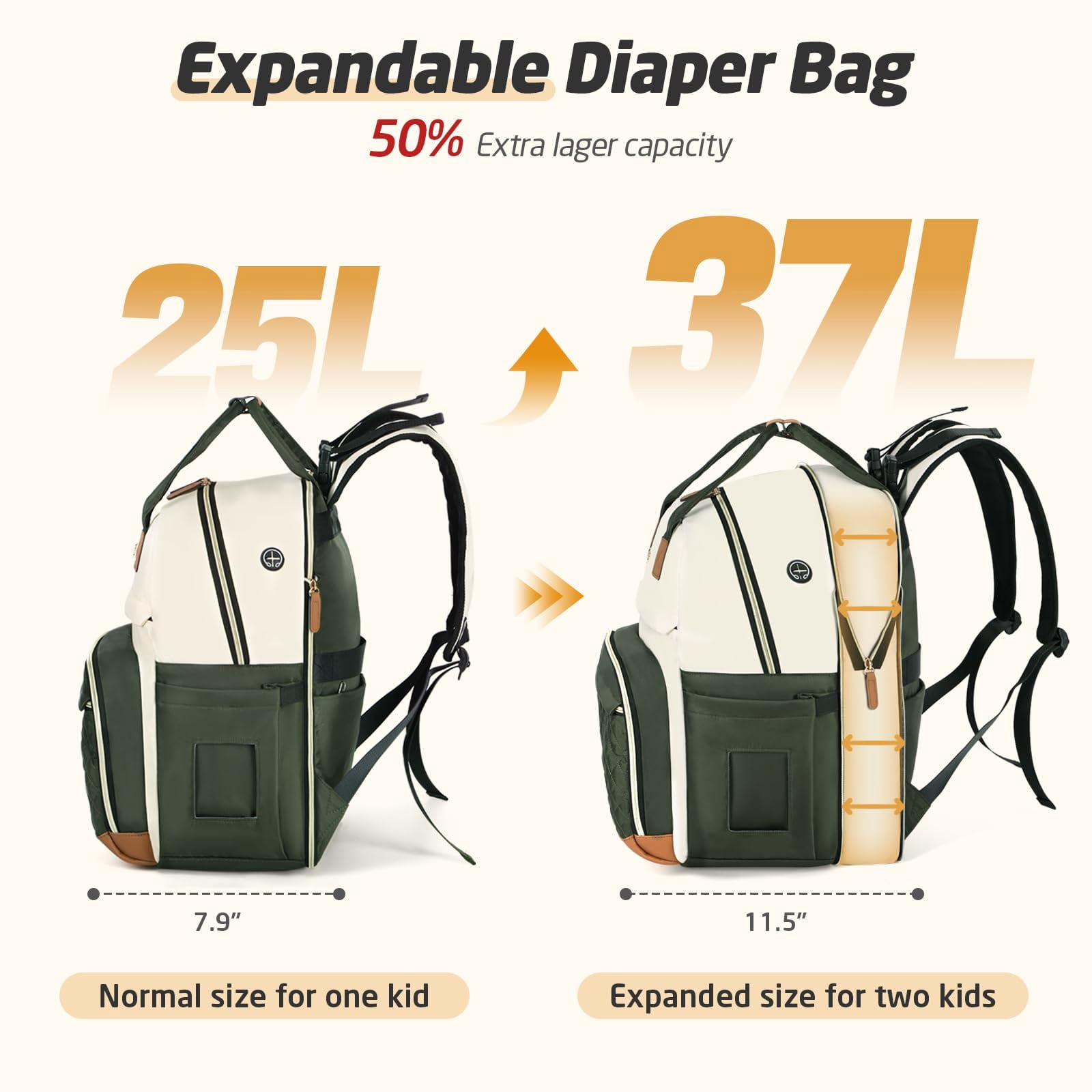 Diaper Bag Backpack, Extra Large for Twins & 2 Kids, Expandable 25‑37L Travel Baby Bag with Changing Pad & Earphone Hole, Apricot Green