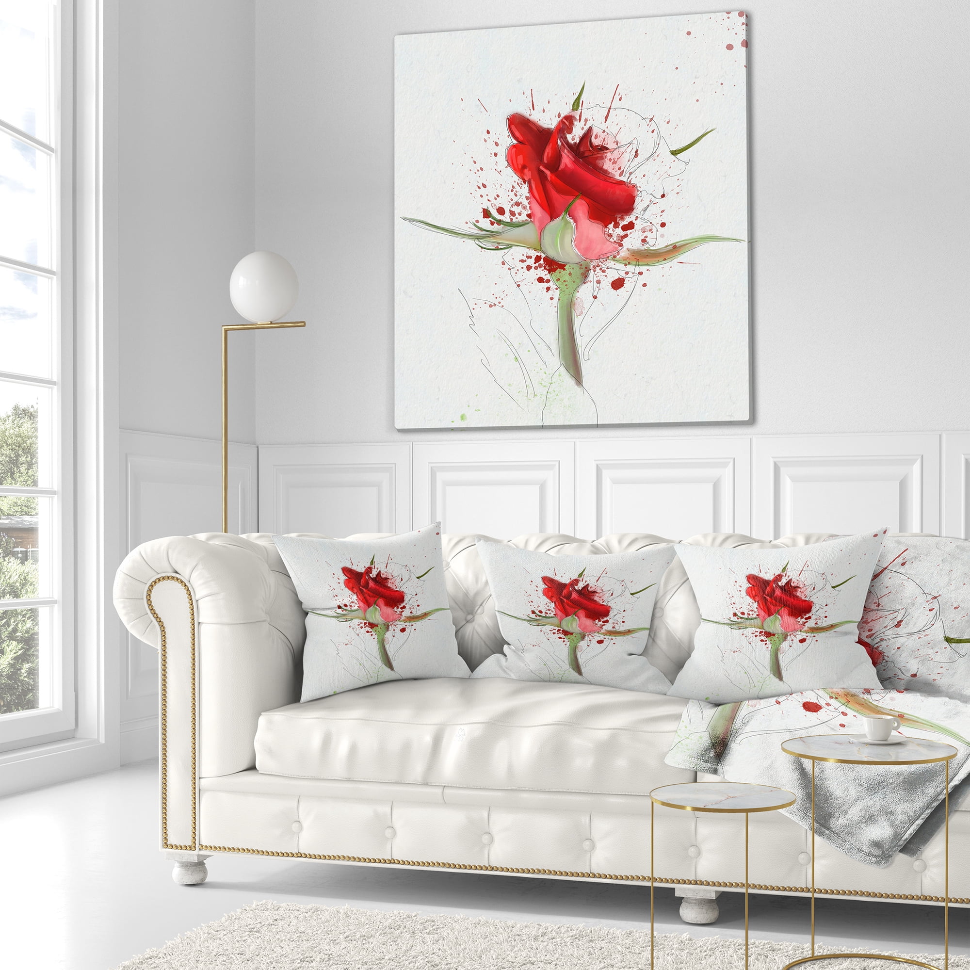 Designart Bright Hand drawn Red Rose Sketch - Floral Throw Pillow - 16x16