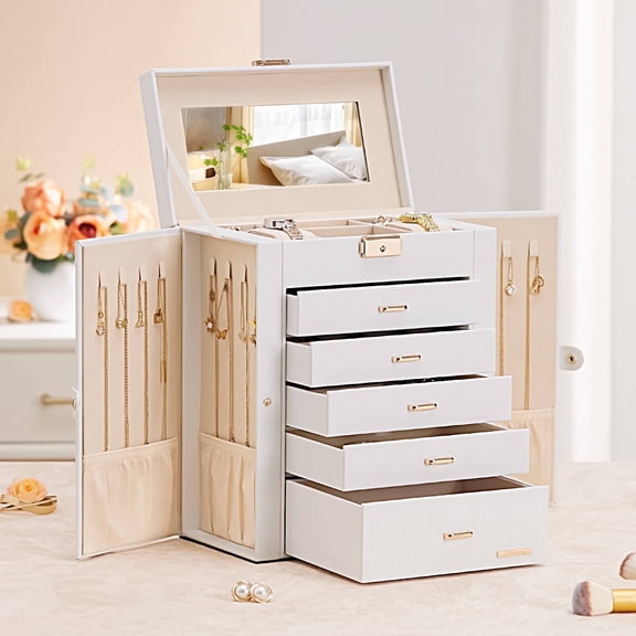 Enogets Large Jewelry Box for Women, 6 Layers 5 Drawers Organizer with Mirror for Ring Earring Necklace (White)