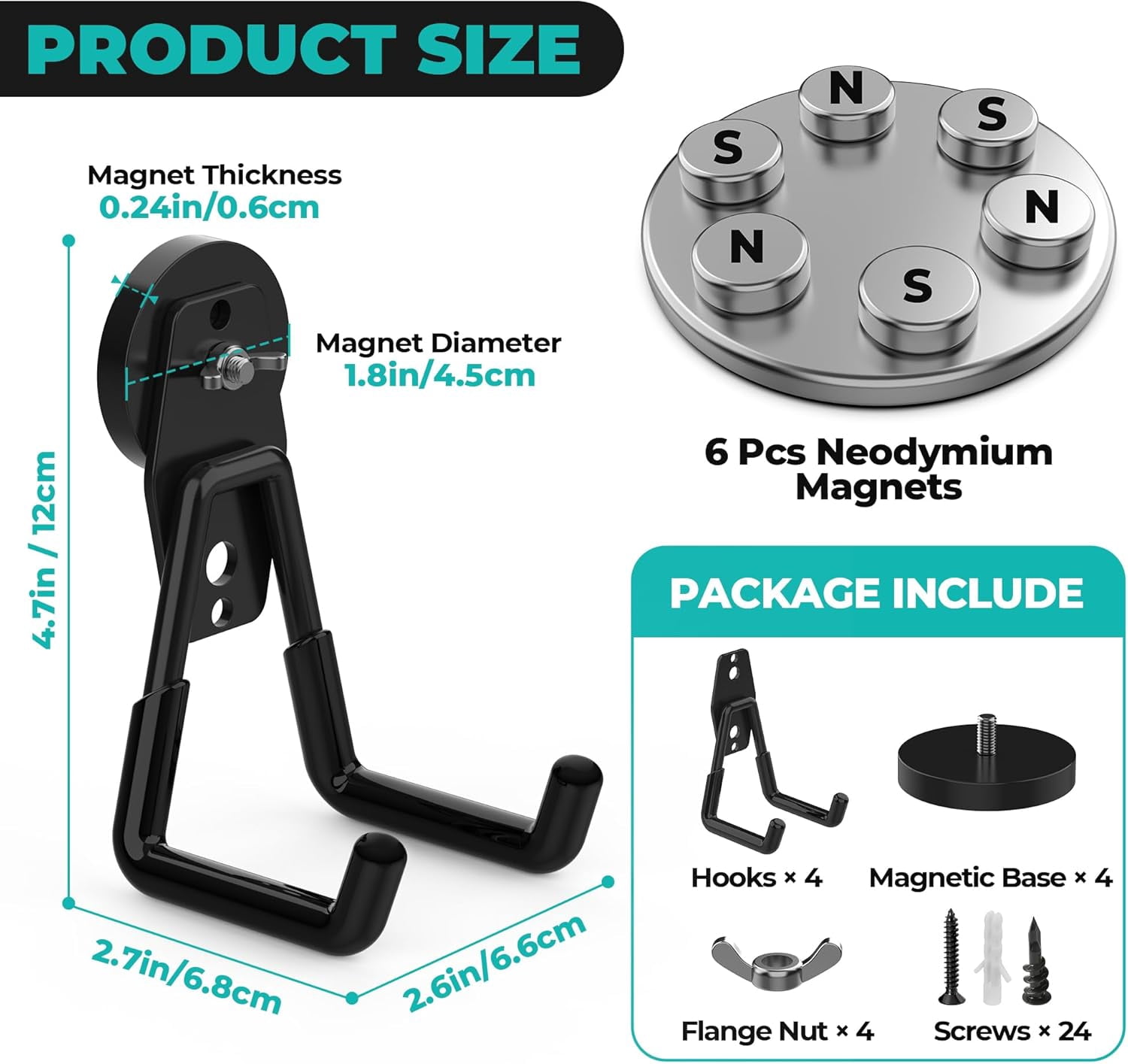 JJEAN-4 Pack Large Magnetic Hooks Heavy Duty, Strong Magnet Utility Hooks, Garage Storage Magnetic Hooks for Hanging Power Drills, Ladders, Hoses, Brooms & Outdoor Tools(Black)