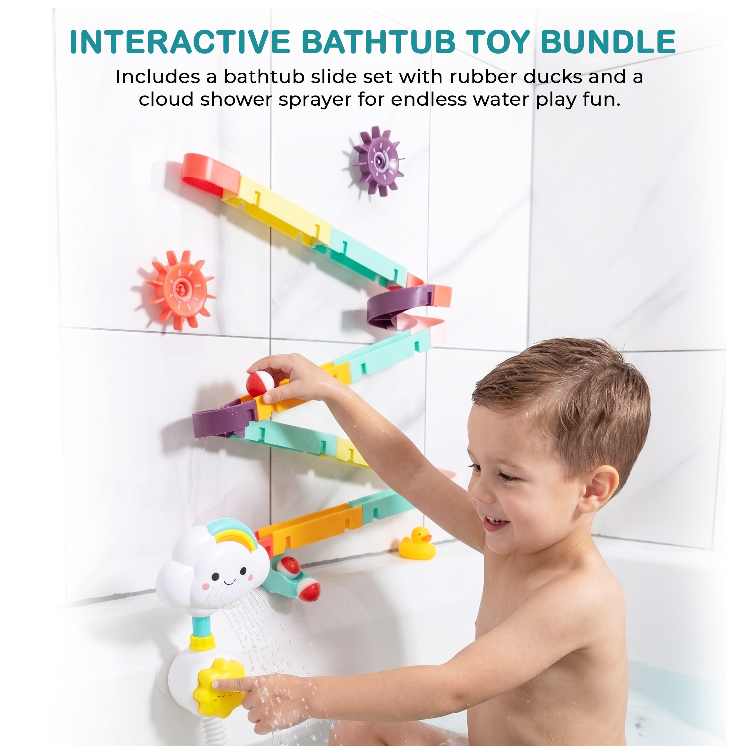 Bathtub  Slide & Shower Sprayer Water Play Bundle, Toddler Bath Time Adventure Set