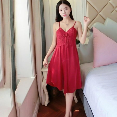 

Elaydool Ice Silk Women s Nightdress Backless Lace Stitching Hollow Sling Nightgown Temptation V-neck Female leepwear