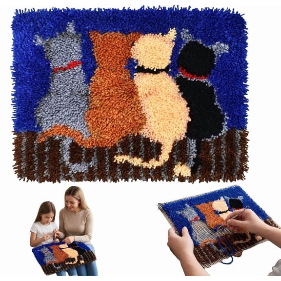 Latch Hook Kits for Adults and Beginners - 20x15 Inch DIY Cat Rug Kit with Yarn, Colorful Print Crochet Embroidery Carpet Making Craft