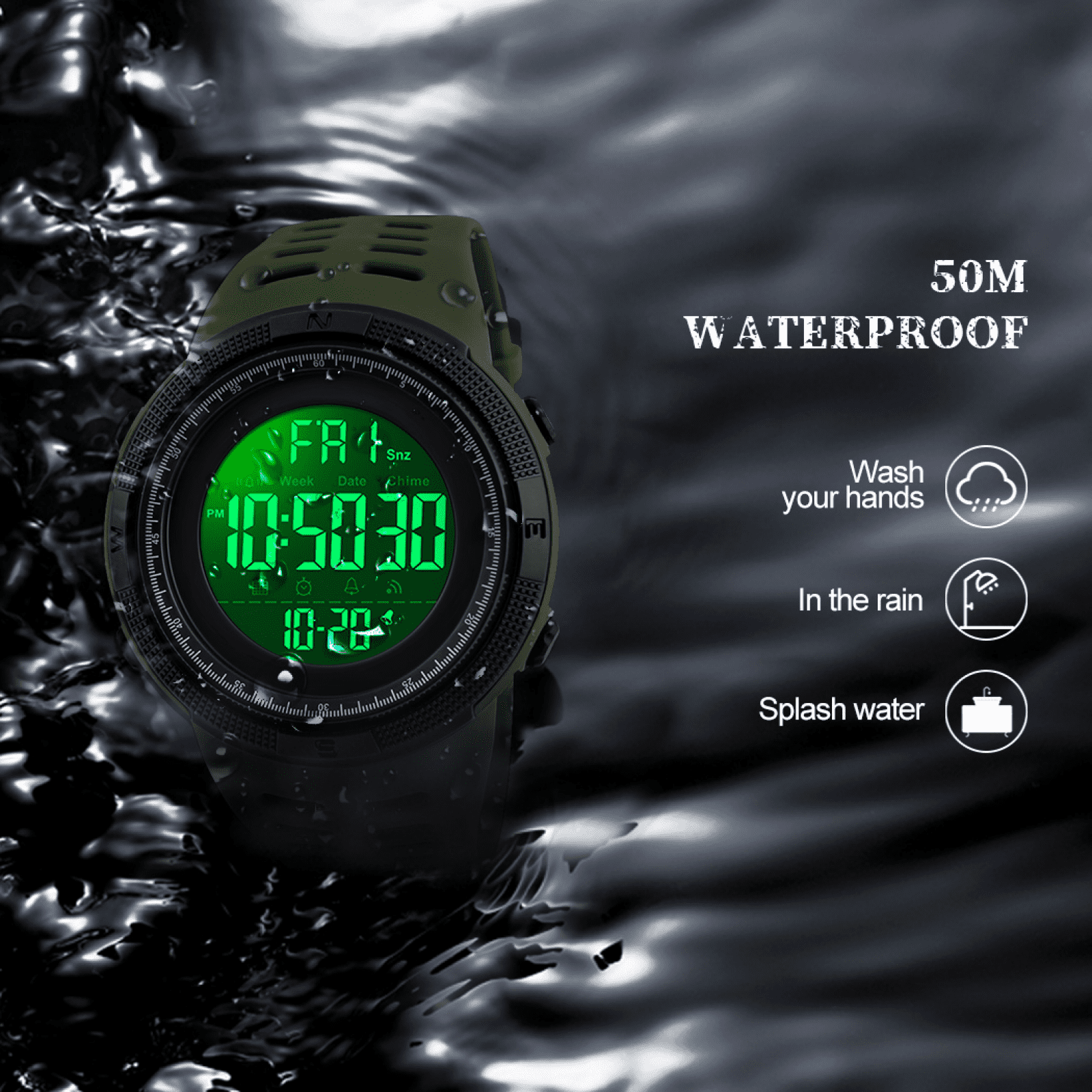 SKMEI Men's Watch Waterproof Digital Sport Watch  Military Digital Watches for men Alarm Back Light Classic Large Face Watch Army Green