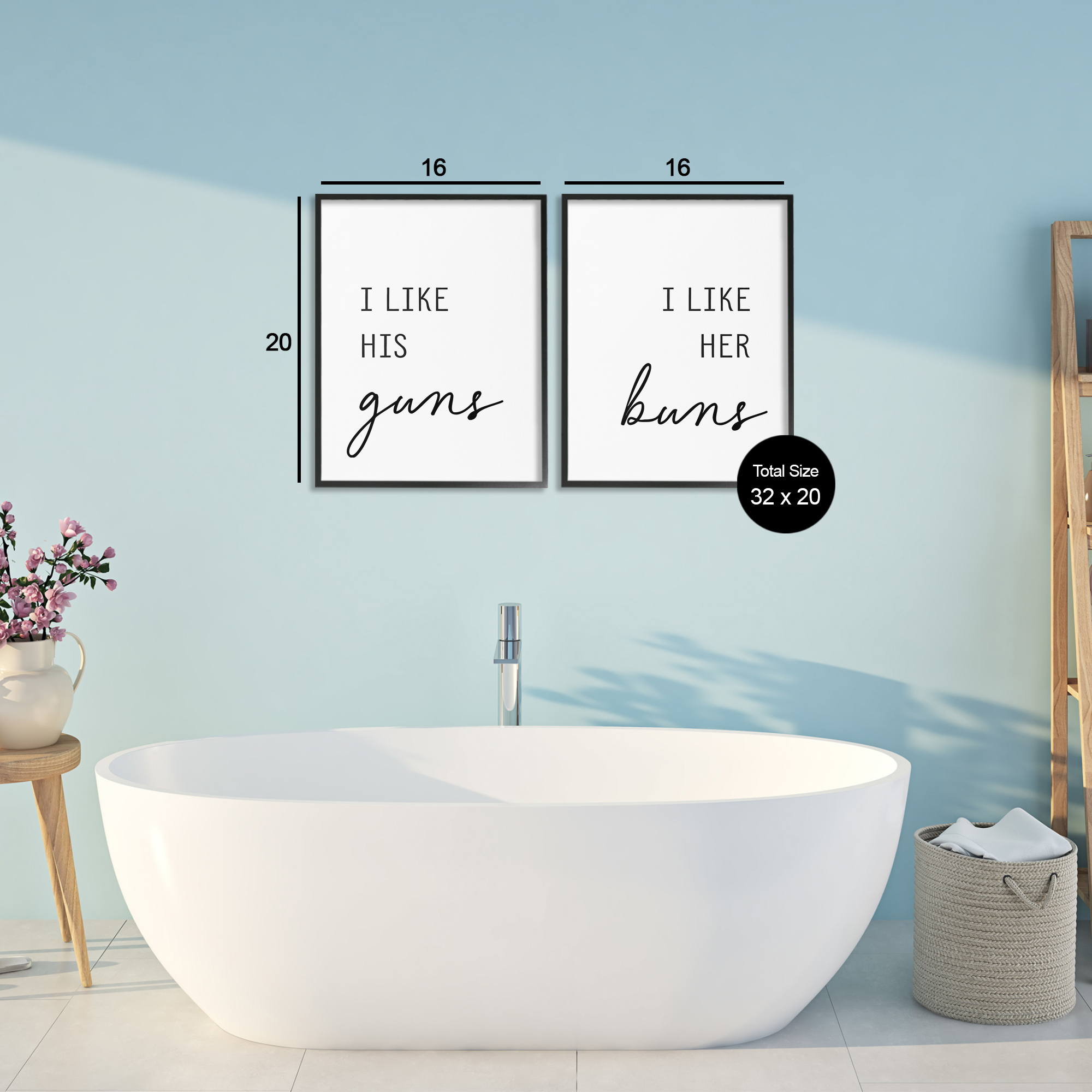 Like His Guns & Her Buns 2 Piece Black Framed Giclee Art Set, design by Lettered and Lined