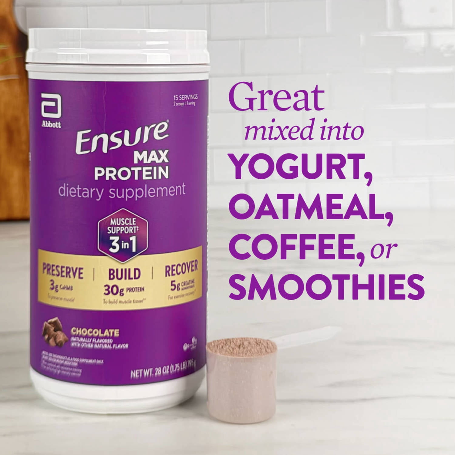 Ensure Max 3-in-1 Powder, Muscle Support, 30g Protein, Creatine, HMB, Chocolate, 2 Pack