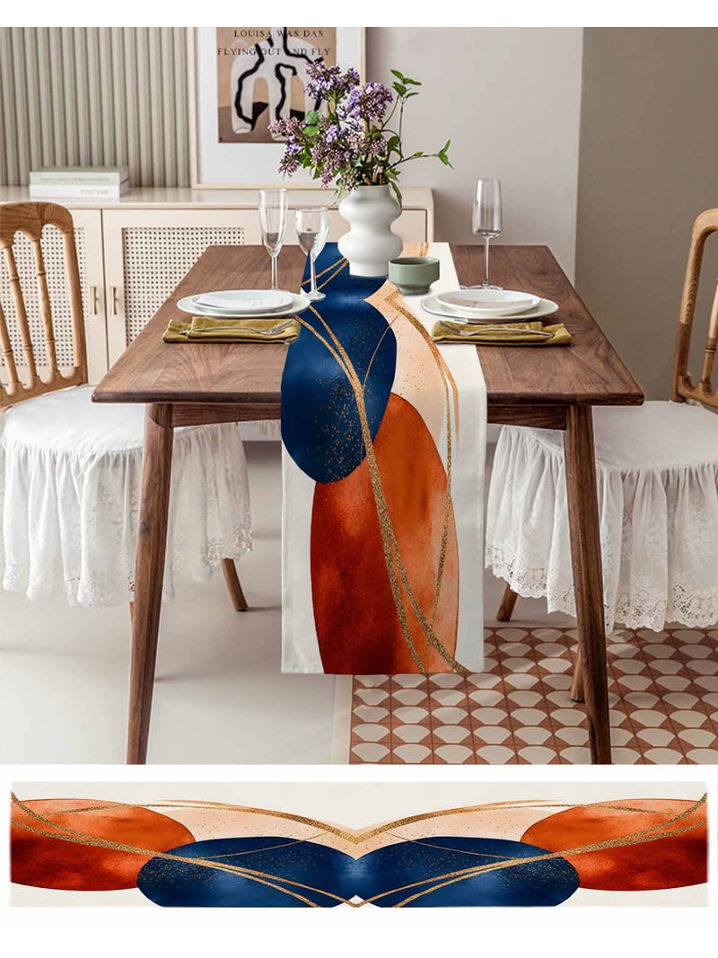 dresser runner boho Ldtrchee Navy Blue Burnt Orange Table 72 Inches, Geometric Modern Art Bed Runner Scarves Tabletop for Indoor Outdoor Size:18M Mathariel Wedding Dress Forest 35 W x 120 plus size prom gown